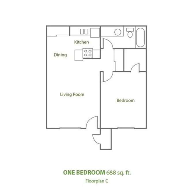 Floor plan for 1 bed, 1 bath, 678 sqft